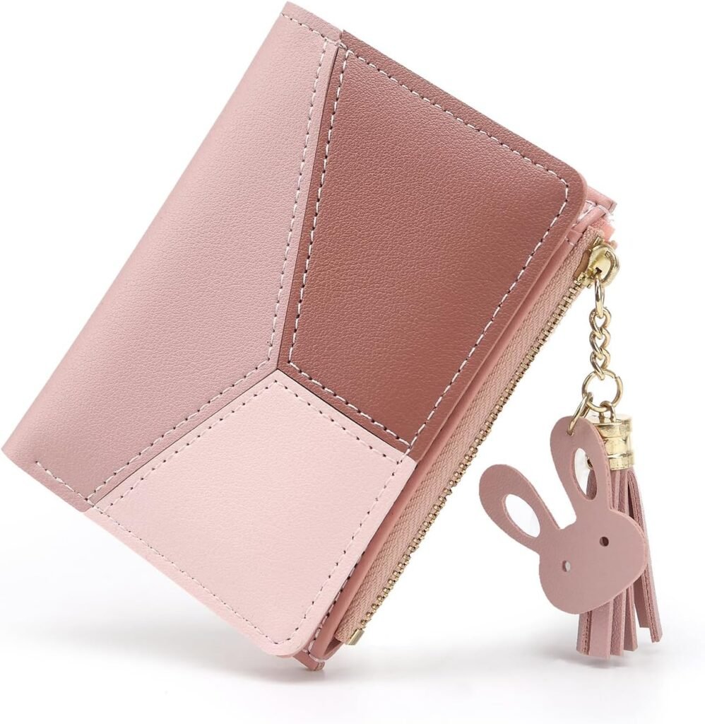 Small Wallets for Women,CHAOFANXI Tassels PU Leather Coins Zipper Pocket Purse for Girls with Rabbit-Shaped Metal Tassels Pendant Purse (Pink)