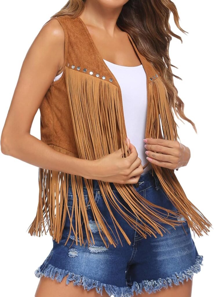 Springcmy Womens Fringe Waistcoat Vest 70s Hippie Costume Sleeveless Cowgirl Western Faux Suede Tassel Leather Outerwear Cardigan Streetwear