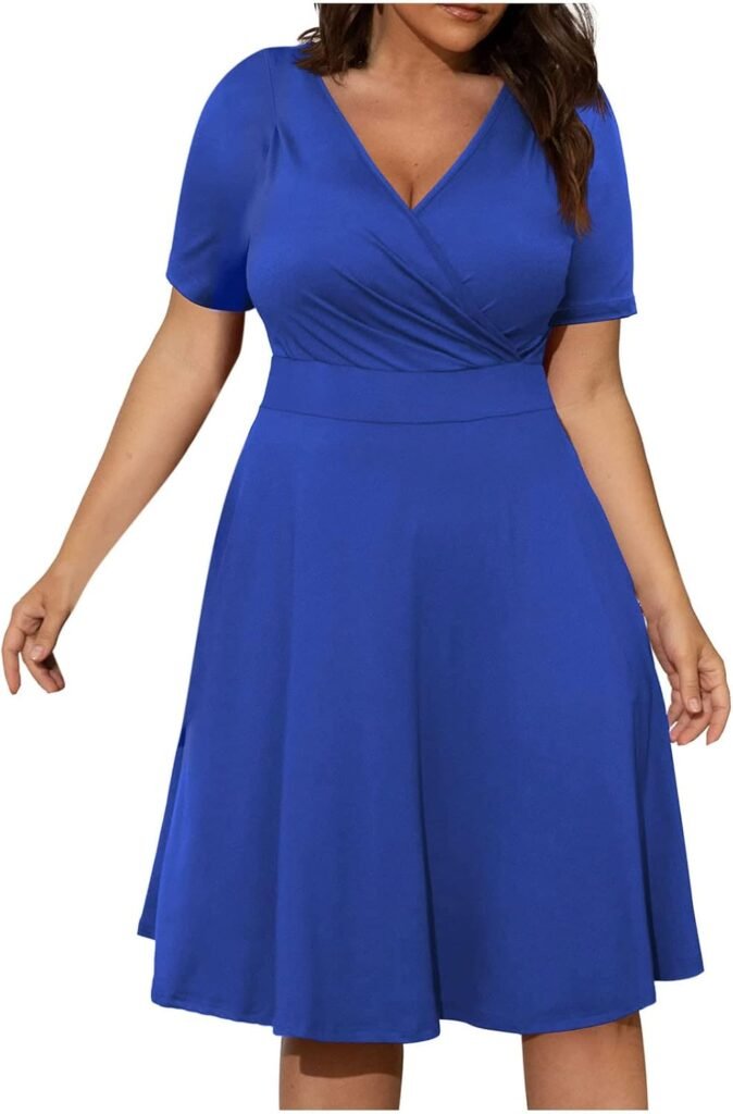 Summer Dresses for Women UK Casual Plus Size V-Neck Solid Short Sleeve Boho Dress Swing Dress with Pockets Ladies Trendy Tunic Dresses Activewear Dresses for Vacation Cocktail Formal Work Wedding