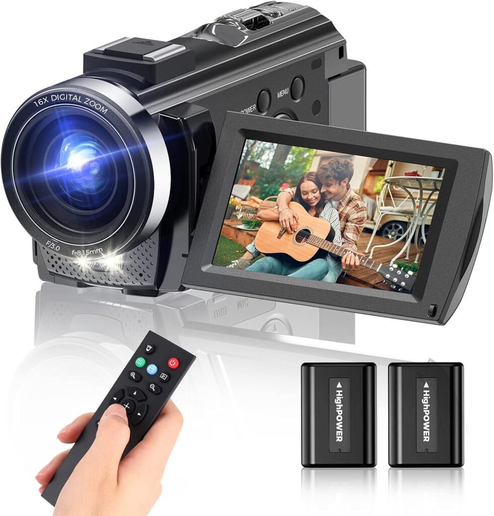 Sunscien Video Camera Camcorder, Full HD 1080P Digital YouTube Vlogging Camera Recorder,Video Camera 30FPS 3.0 Inch LCD 270 Rotatable Degrees IPS Screen with Remote Control 2 Batteries