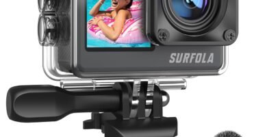 Surfola Action Camera SF530 4K 60fps, WIFI 24MP 131ft Waterproof Camera, Underwater Camera for Snorkeling, Dual Screen Vlogging Camera with EIS, Wireless Mic, Remote Control, 2 Chargeable Batteries