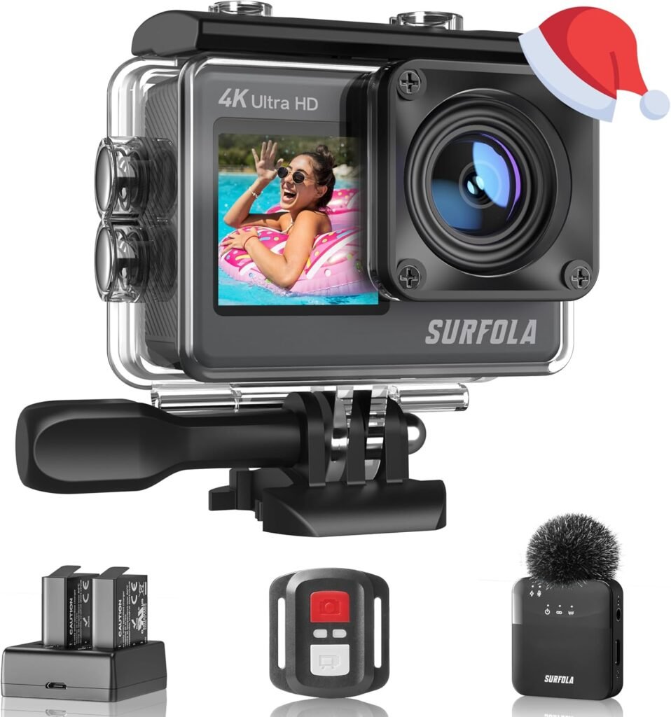 Surfola Action Camera SF530 4K 60fps, WIFI 24MP 131ft Waterproof Camera, Underwater Camera for Snorkeling, Dual Screen Vlogging Camera with EIS, Wireless Mic, Remote Control, 2 Chargeable Batteries