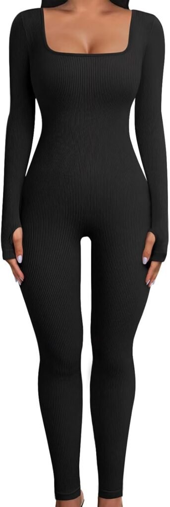 Svanco Ribbed Unitards Women Full Body Romper Square Neck Yoga Jumpsuit Long Sleeves Skinny Tracksuit Workout Playsuits Outfit S-L