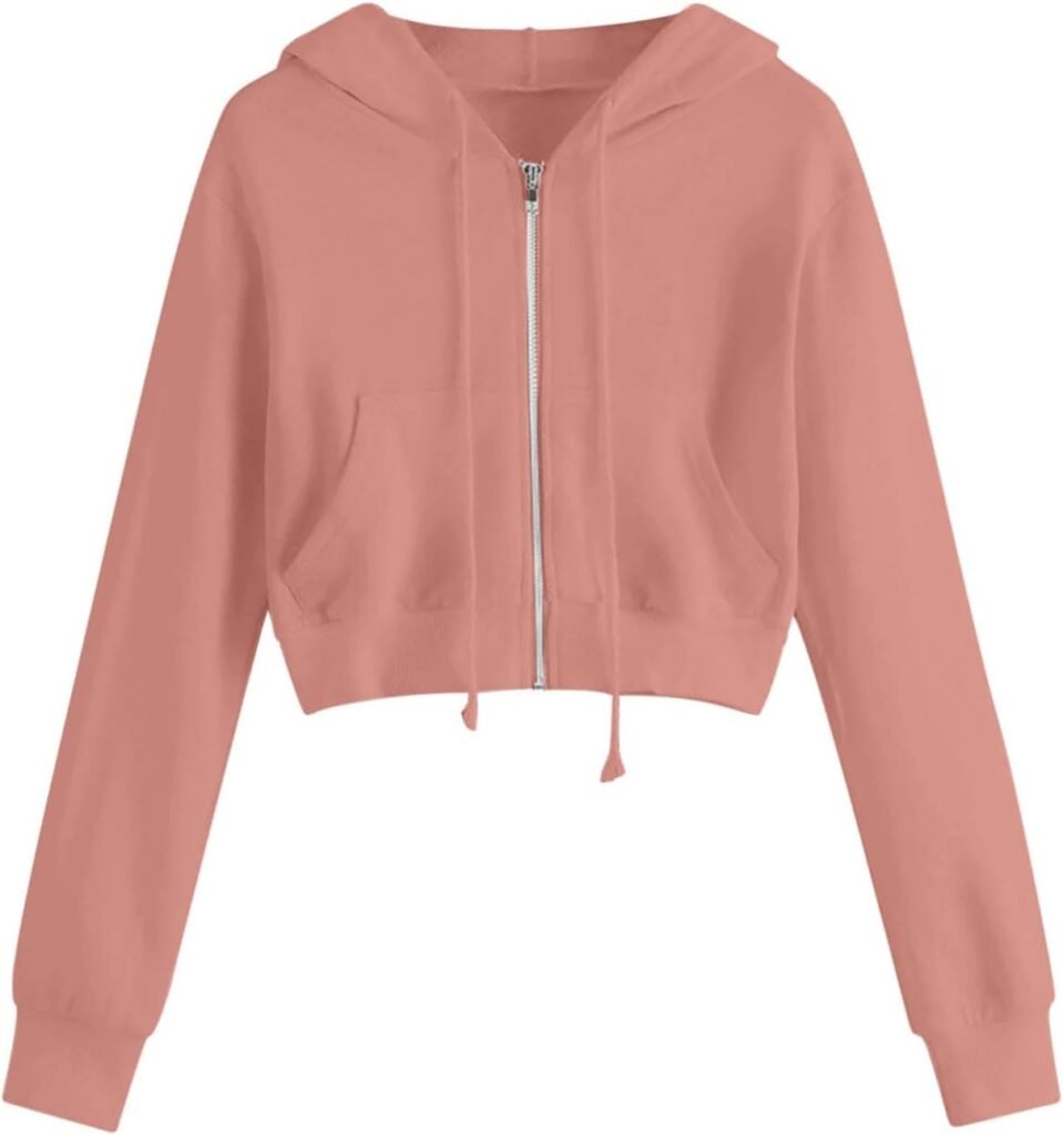 Sweatshirts for Women UK Cropped Solid Color Zip Up Hoodies Sweatshirt Clothes Teen Girl Fall Casual Drawstring Cardigan Jackets with Pockets Outwear UK Size S-5XL