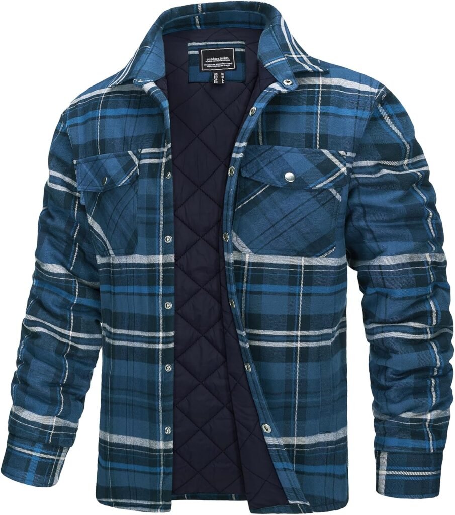 TACVASEN Men’s Lumberjack Jacket Padded Work Shirt Long Sleeve Quilted Plaid Flannel Shirts Casual Cotton Fleece Checked Jackets