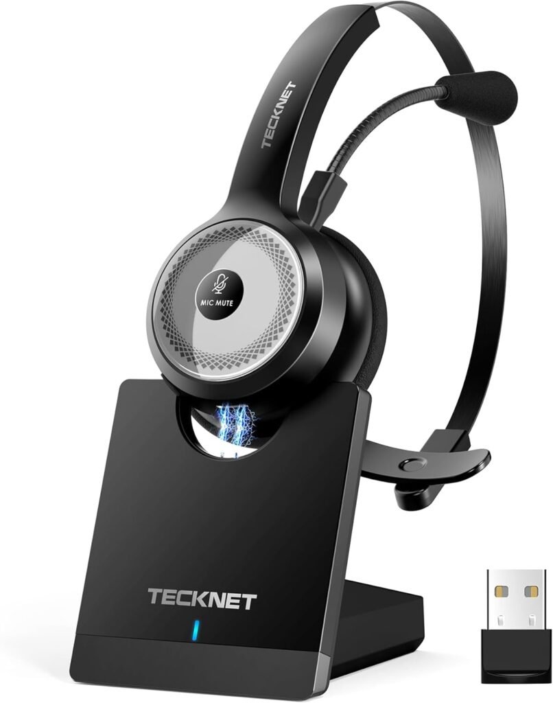 TECKNET Wireless Headset with Microphone Noise Cancelling, Bluetooth Headphones with USB Dongle for Laptop, All Day Battery Life with Charging Dock for Office, Home, Remote Work, Call Center and More