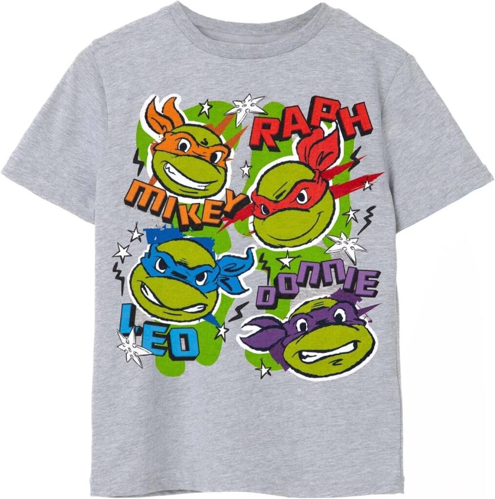 TEENAGE MUTANT NINJA Turtles Kids T-Shirt | Grey TMNT Graphic Tee for Boys & Girls | Short Sleeve Cartoon Apparel | Raphael, Mikey, Leo & Donatello Retro Tshirt | Movie Gift for Children & Teens