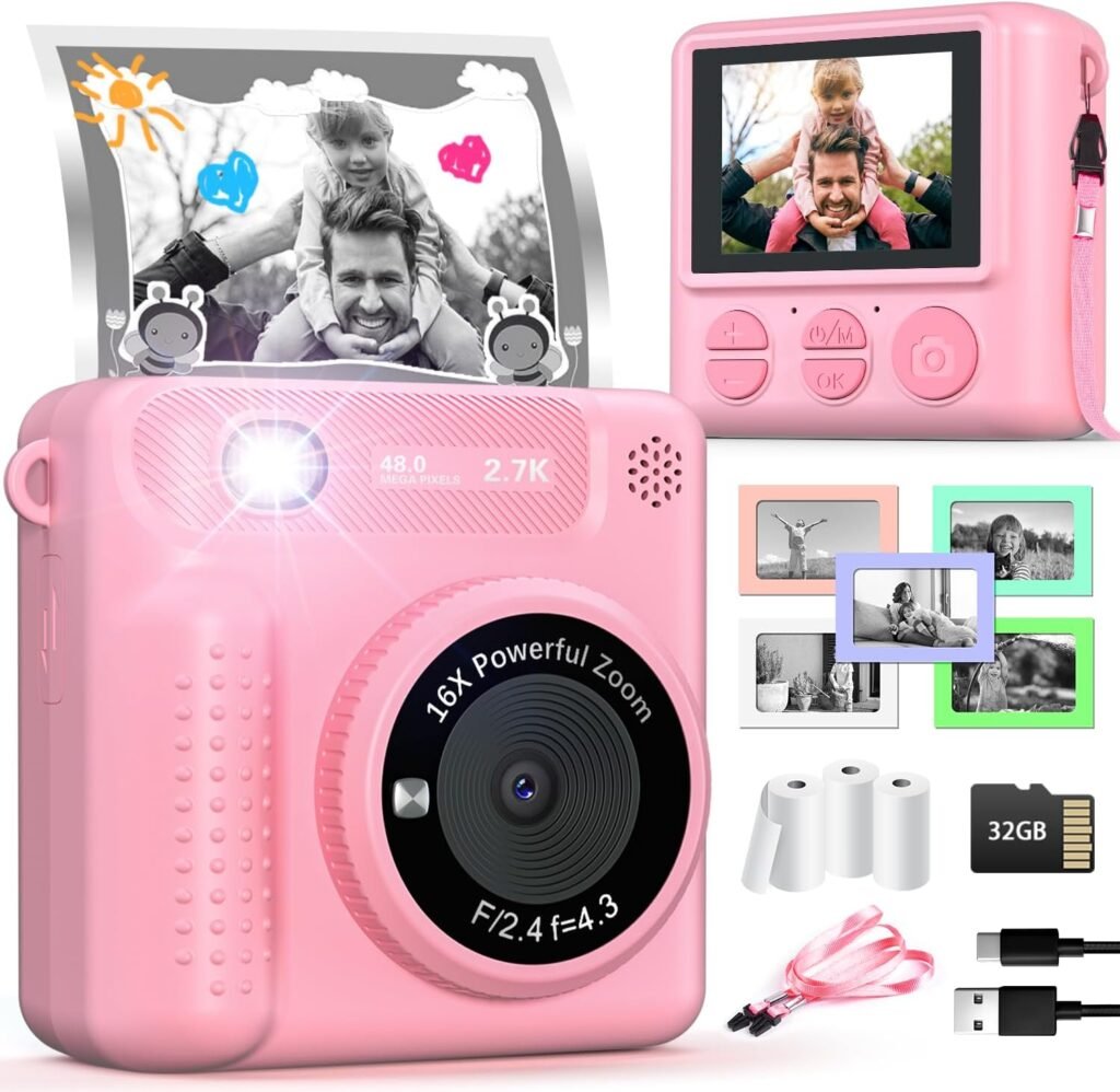 TERRAMUS Kids Camera Instant Print, 12MP 1080P Digital Camera for Kids Age 3-12, Christmas Birthday Gifts for 4 5 6 7 8 9 10 Year Old Girls Boys, 32GB Toddler HD Video Camera Print Photos Portable Toy