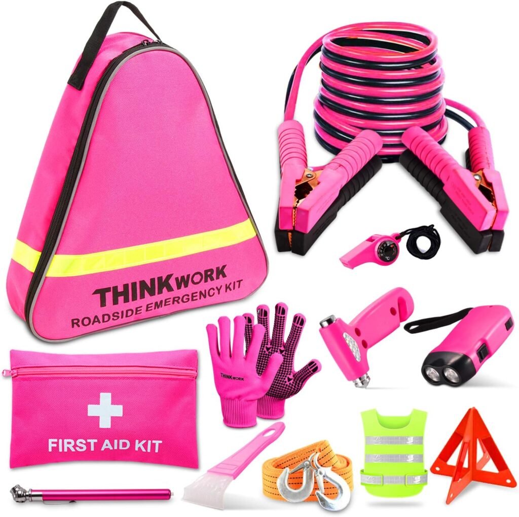 THINKWORK Car Emergency Kit for Teen Girl and Lady’s Gifts, Pink Emergency Roadside Assistance kit with 10FT Jumper, First Aid Kit, Safety Hammer, Tow Rope, and More Pink Car Accessories Tool