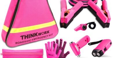 THINKWORK Car Emergency Kit for Teen Girl and Lady’s Gifts, Pink Emergency Roadside Assistance kit with 10FT Jumper, First Aid Kit, Safety Hammer, Tow Rope, and More Pink Car Accessories Tool