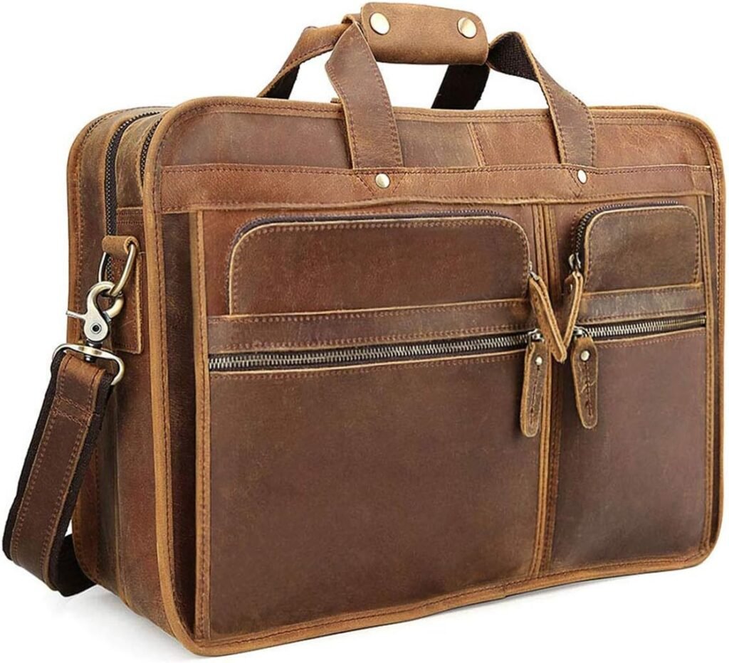 TIDING Leather Briefcase for Men 17″ Laptop Bag, Full Grain Leather Shoulder Messenger Bag Business Travel Carrying Computer Handbag with Adjustable Strap, Light Brown