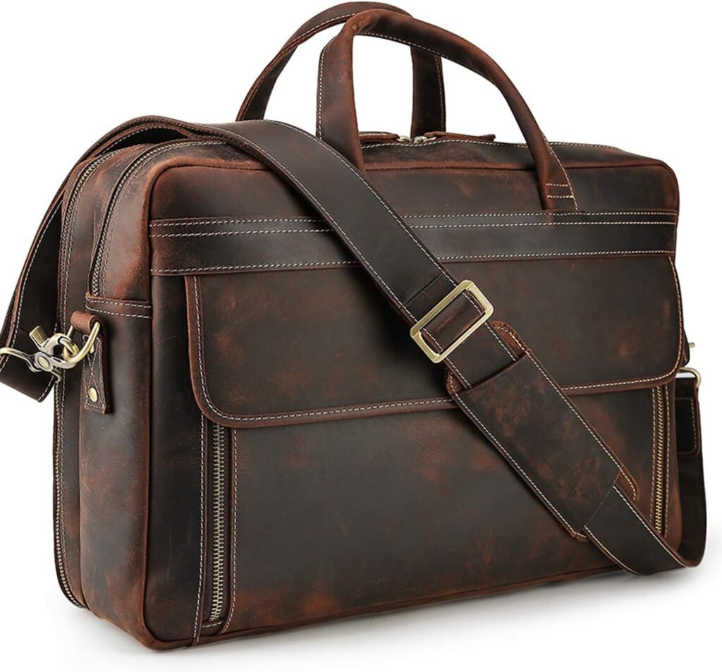 TIDING Mens Leather Laptop Bag 17 Inch Business Briefcase Tote Shoulder Bag with Trolley Strap Large Capacity Vintage Handbags for Men Travel Bags