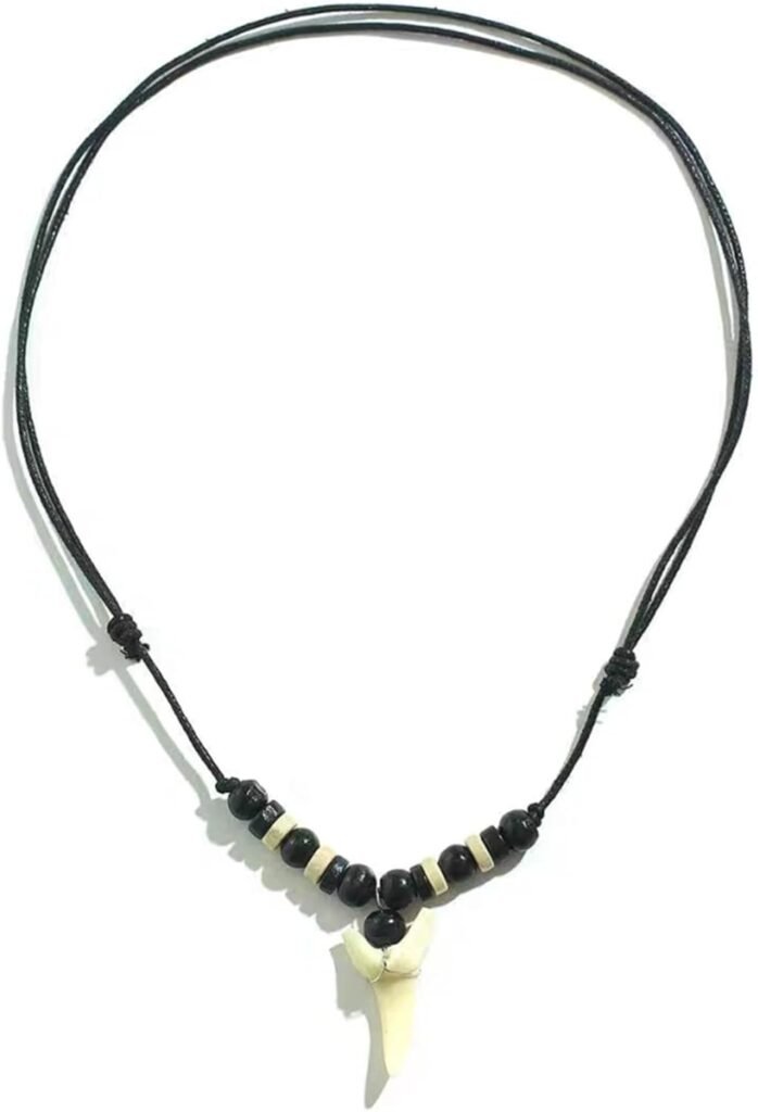 TIEGUANJIA Vintage Wax Rope Tooth Necklace Adjustable Vintage Rope Animal Tooth Pendant Artificial Shark Teeth Necklace Single Teeth Pendant Ocean Fossil Pendant for Women Men Girls Boys Teens Kids