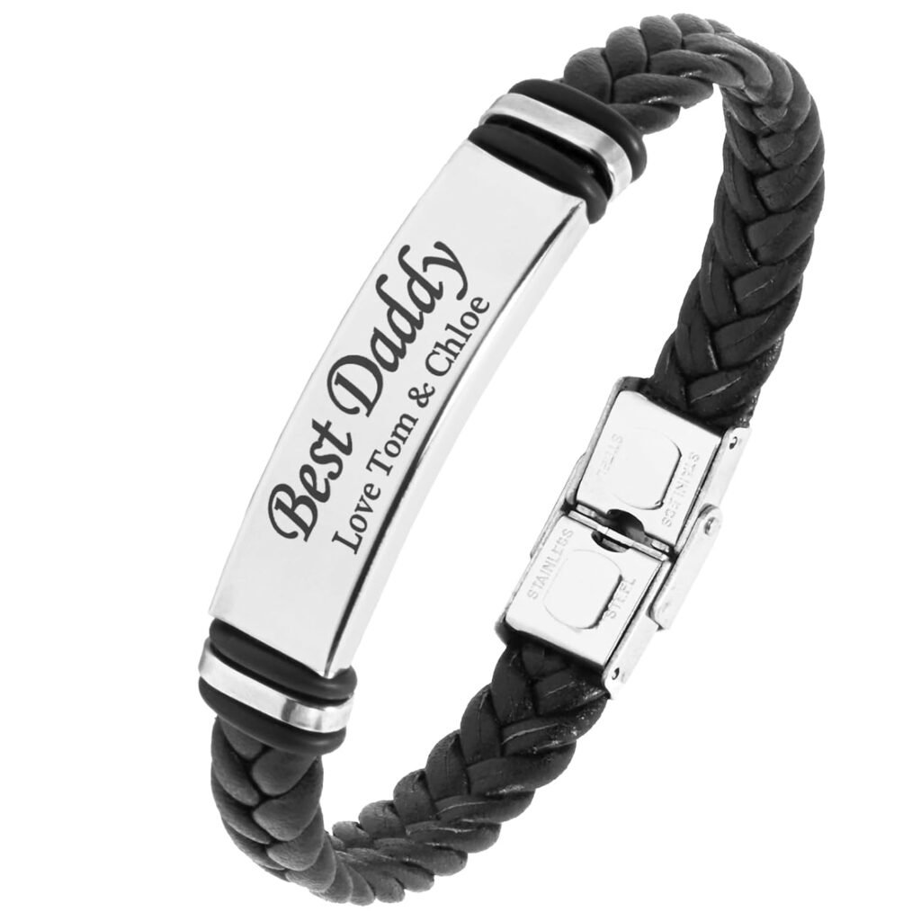 TMT® Personalised Black Men’s Leather Bracelet Adjustable Size for Dad ID Identity Birthday Gift Name Engraved | Best Men Boyfriend