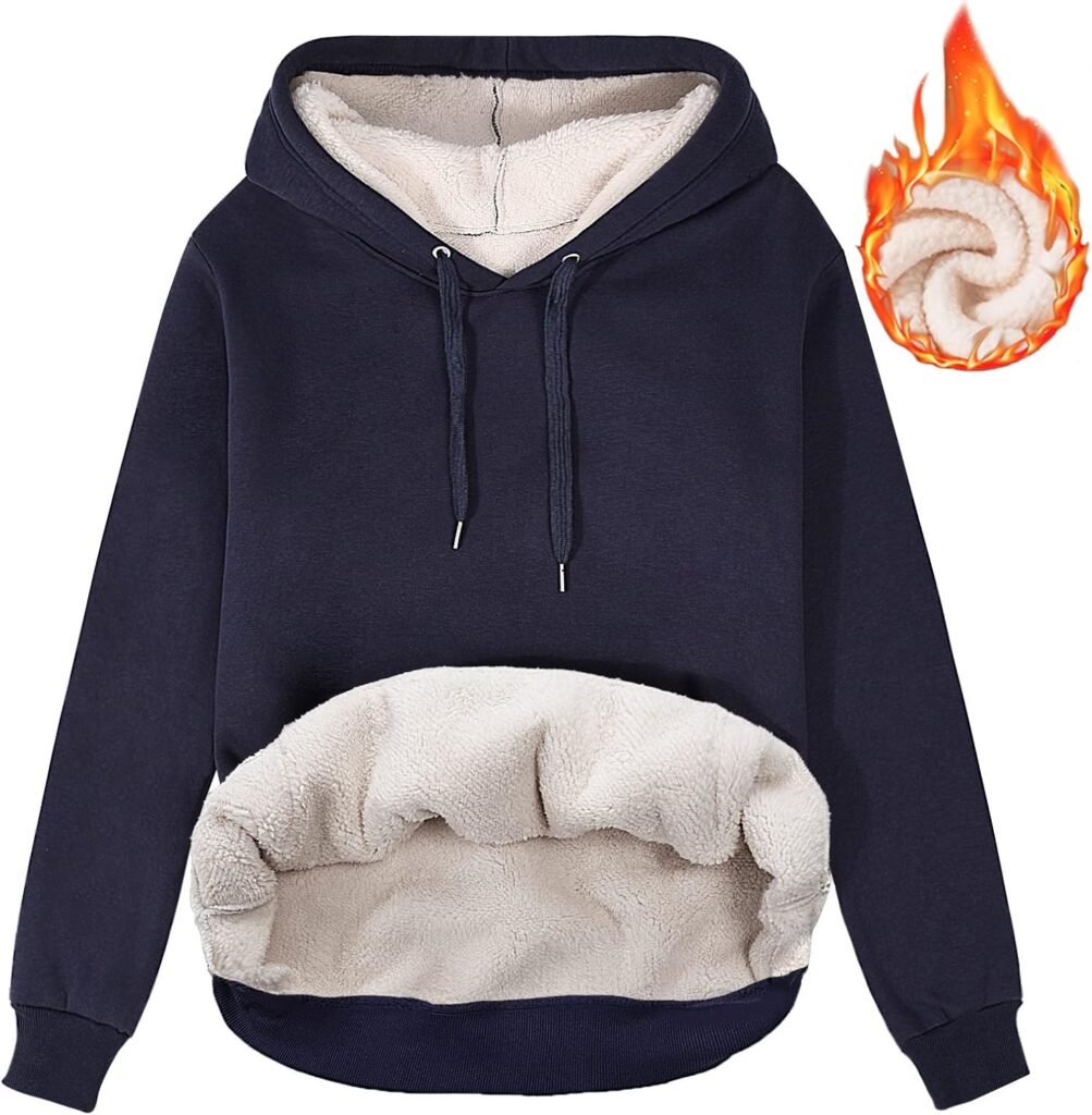 TOMEEK Women Fleece Lined Hoodie Winter Casual Pullover Plain Hoodie Thermal Hoodie Oversized Sweatshirt Ladies Jumper with Warm Pockets