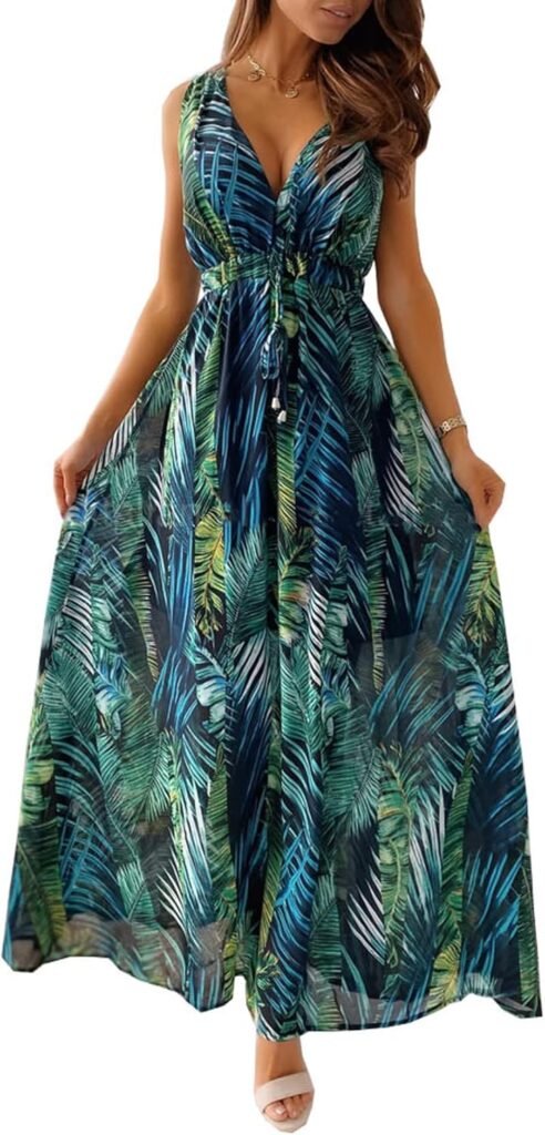 TOPLAZA Maxi Dresses for Women Summer Beach Floral Dress V Neck Sleeveless