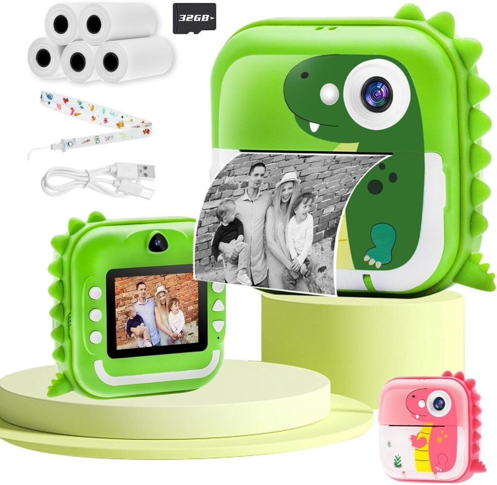 TOYOGO kids camera instant print,1080P HD Digital Camera With 32G SD Card,12MP Photography and selfies,Toddler Portable Camera Toy Age 3-14,Birthday for 3-14 Year Old Girls Boys-Green