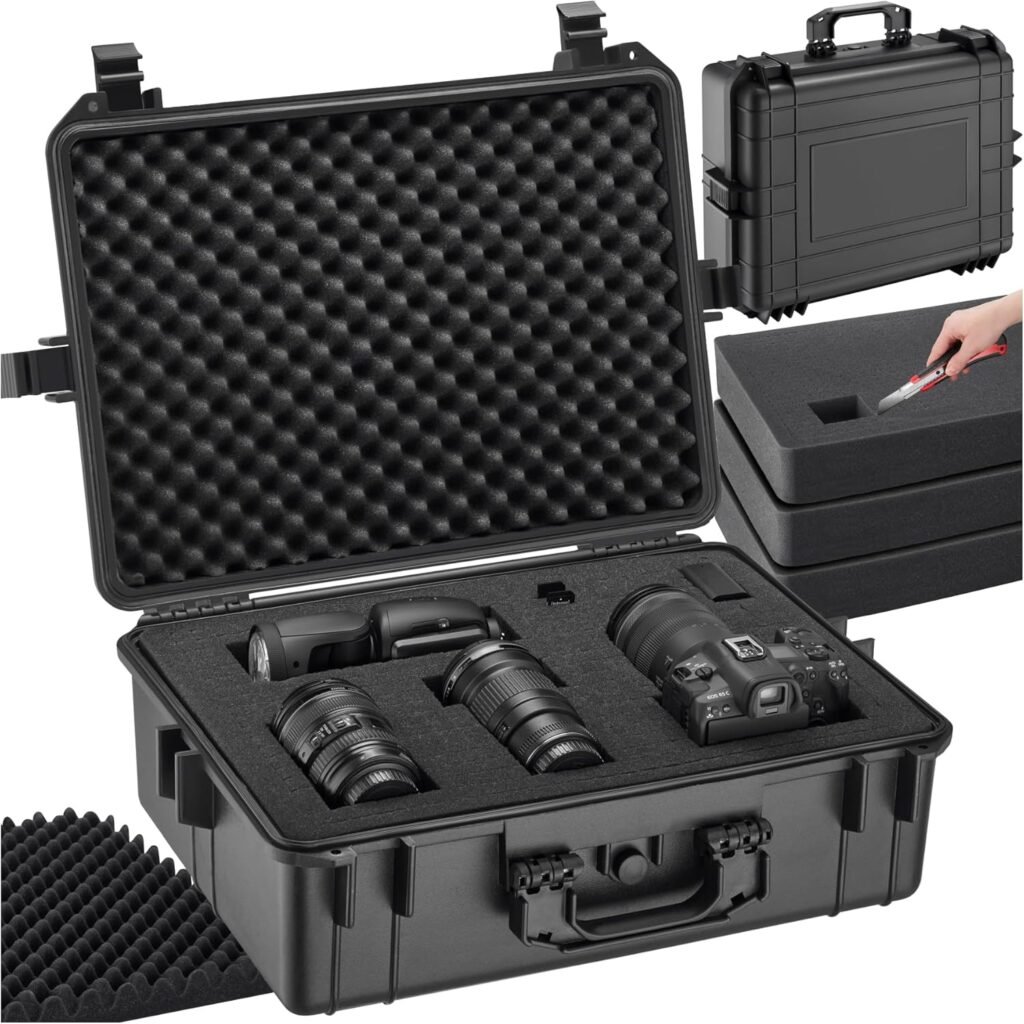 TecTake® Hard Case with 35L Volume, Dust-, Water- & Impact-Resistant, 4 Foam Inserts, 4 Snap Closures, Equalising Valve & Ergonomic Carry Handle – 56x42x21cm Camera Case & Tool Box for Equipment