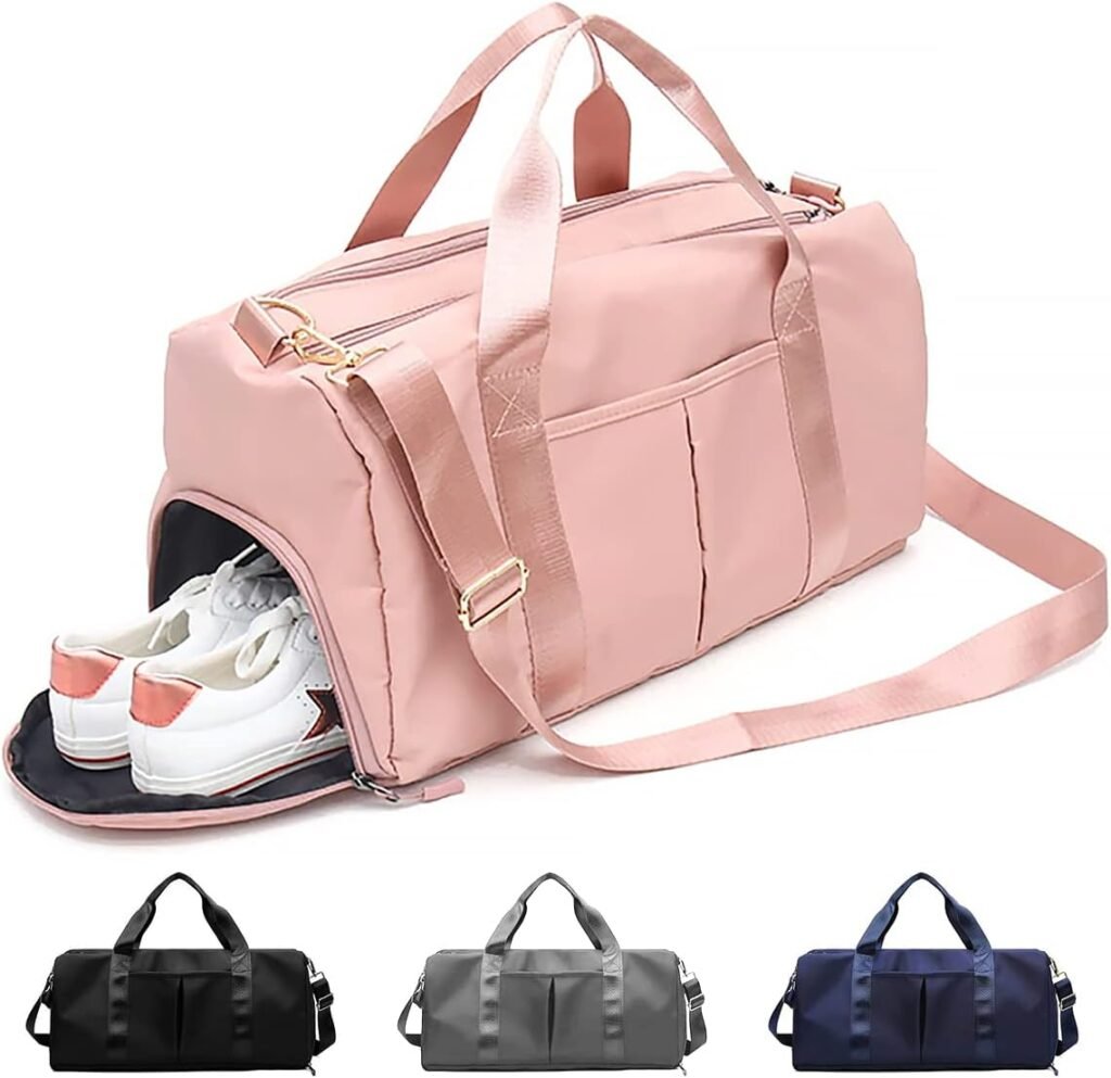 TechyFit Sport Gym Bag – Duffel Bag with Shoe Compartment, Foldable Training Handbag for Men and Women, Yoga, Travel, Overnight Weekend Shoulder Bag, Waterproof Dry-Wet Separated Bags (Pink)