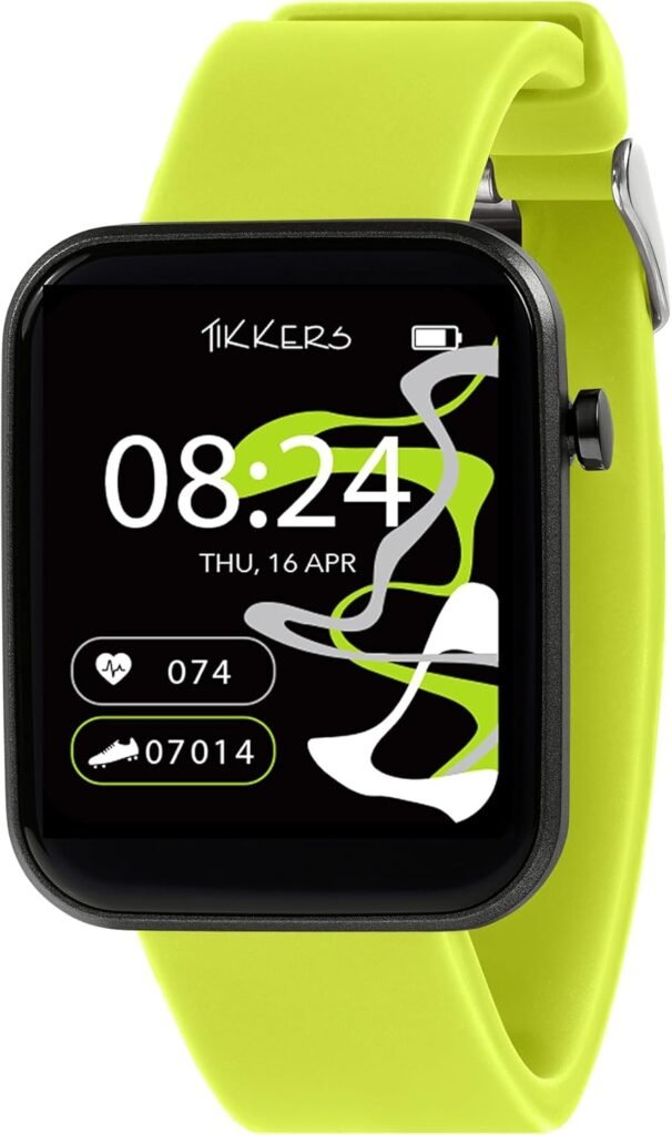 Tikkers Kids Series 13 Smart Watch with Fitness Tracker, Alarm Clock, Camera, GPS Connection, Heart Rate Monitor, Step Counter, Touch Screen, Lime Green Silicone Strap