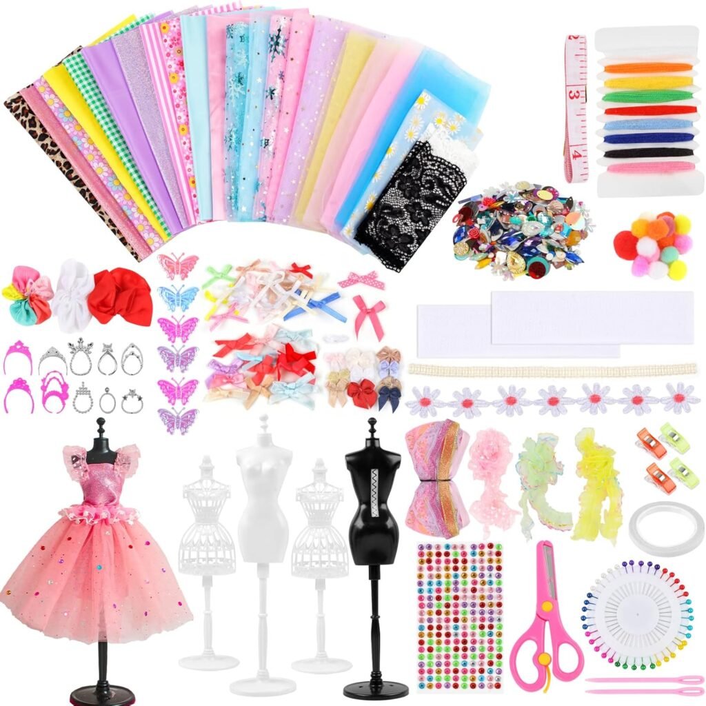 Tikplus Fashion Designer Kits for Girls, Kids Sewing Kit Ages 8-12, 4 Models, 24 Colors DIY Doll Clothes, Arts and Crafts Making Kit for Kids Age 9 10 11 12+, Dress Up Art Gifts