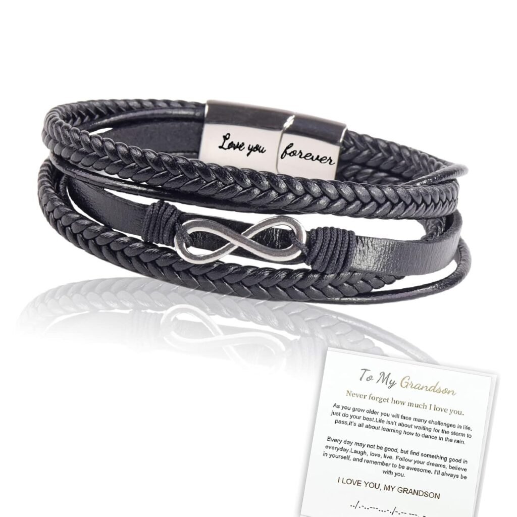 To My Grandson Braided Leather Bracelet, Infinity Bracelet for Men, Silver Bracelet Leather Rope Bracelet Men Bracelet Leather and Steel Magnetic Braided Cuff Bracelet Christmas Gift To My Grandson Braided Leather Bracelet, Infinity Bracelet for Men, Silver Bracelet Leather Rope Bracelet Men Bracelet Leather and Steel Magnetic Braided Cuff Bracelet Christmas Gift