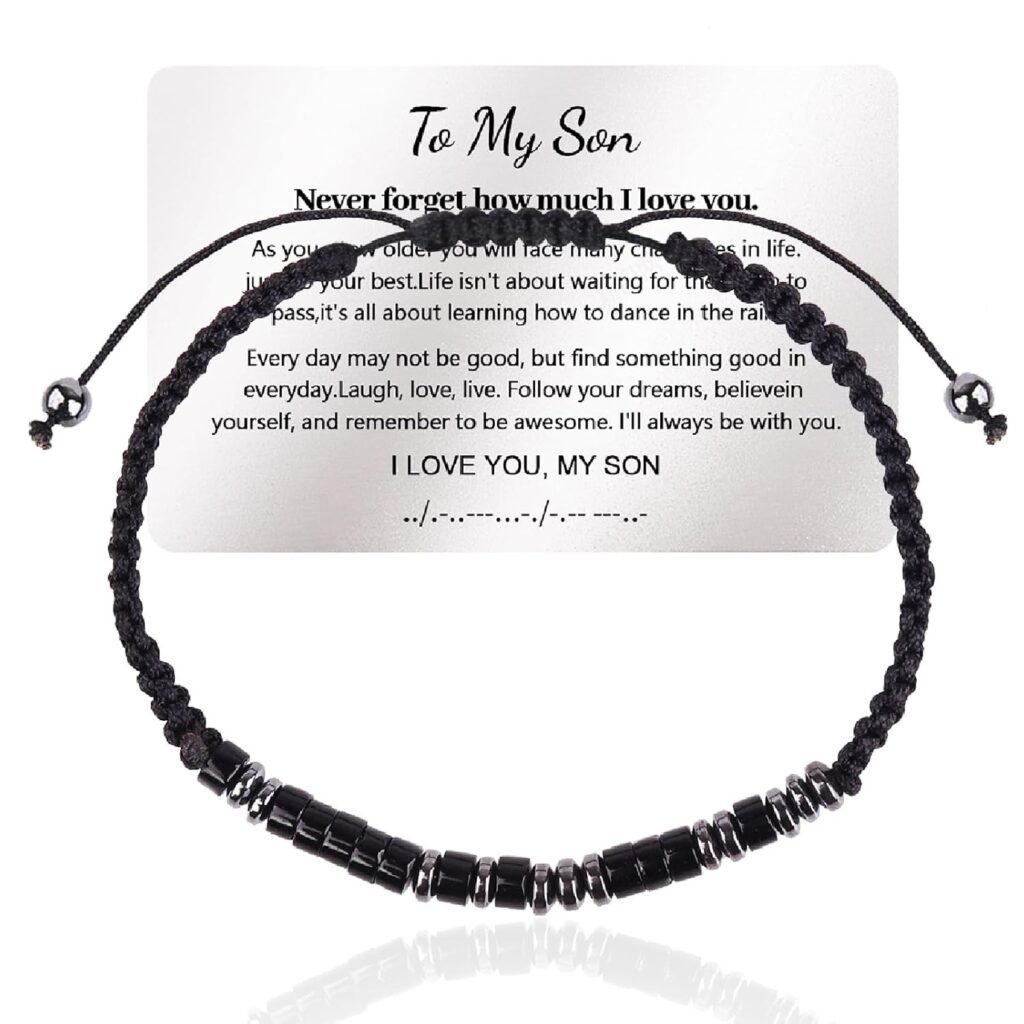 To My Son Bracelet from Mom，I Love You Morse Code Bracelet with Engraved Wallet Card Gifts for Men Boys, Mens Beaded Obsidian Bracelet Gift, Back to School Gift for Him (Silver, To My Son)