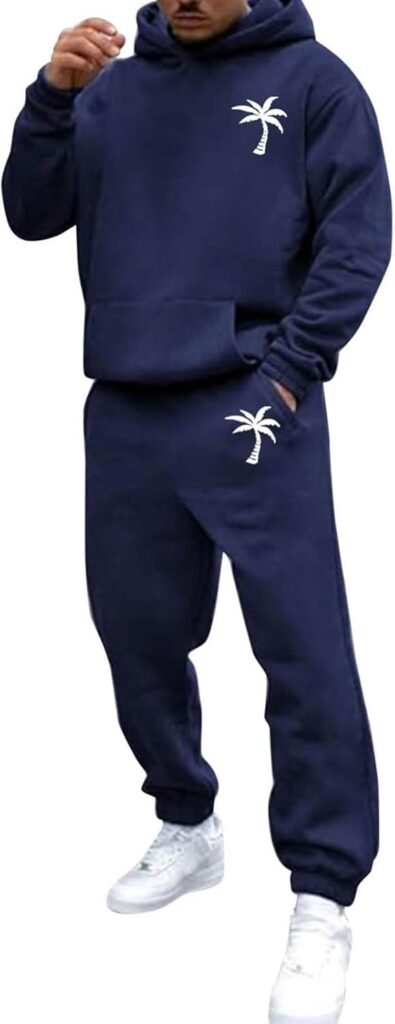 Tracksuit Mens Full Set Solid Colour 2 Piece Plus Size Sweatsuits for Men Long Sleeve Printed Mens Tracksuit Soft Comfitable Sweatpants Set Fall Winter Casual Men’s Sportswear Hooded Sweatshirt Sale