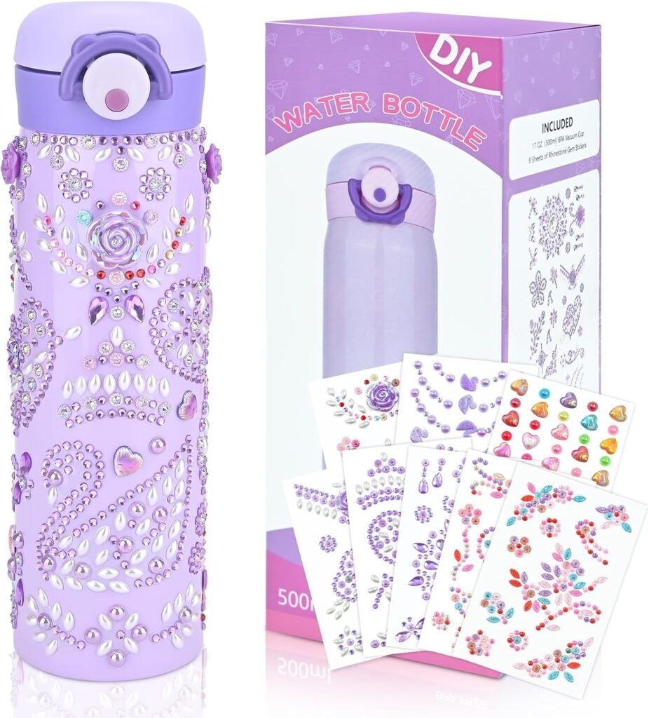 Tuaeccki DIY Water Bottle for Girls Decorate Your Own Water Bottle Craft Kits for Kids with 8 Glitter Gem Stickers Leakproof BPA Free Art and Crafts for Age 5 6 7 8 9 10 11 Years Old Girls Boys Purple