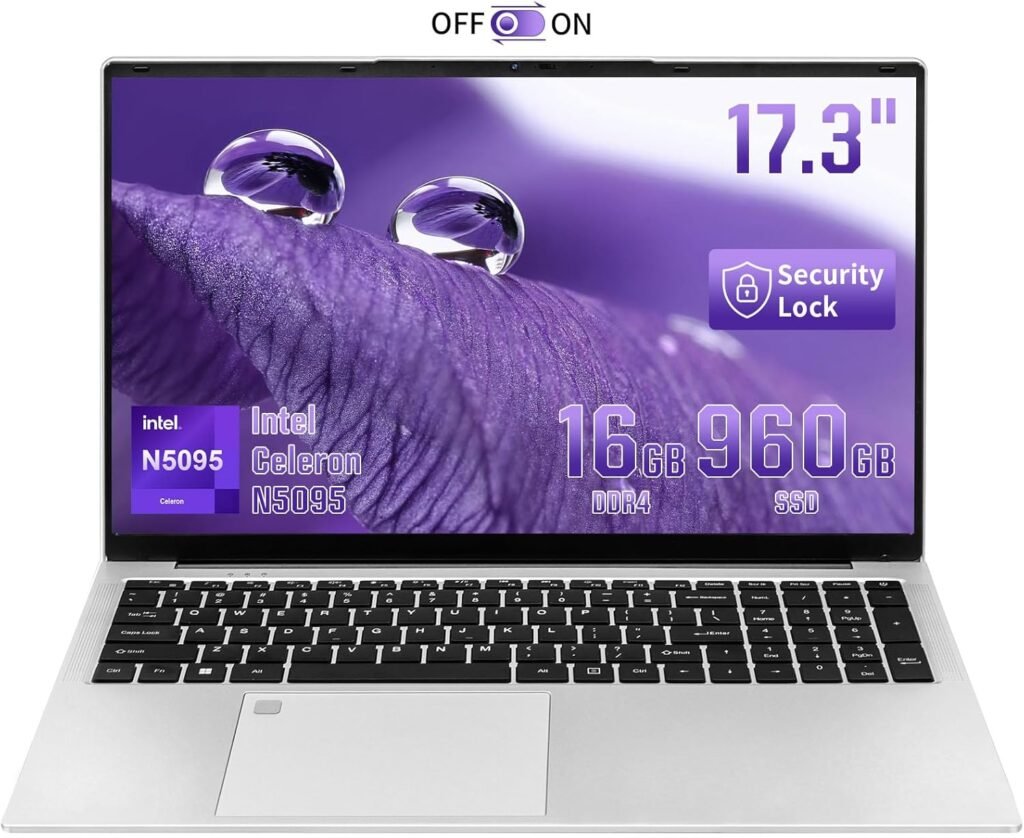 UDKED 17.3″ Laptop, Celeron N5095 (Up to 2.9 GHz) 180° opening and closing Notebook PC,Large FHD IPS display, 16G RAM DDR4, HDMI, Fingerprint recognition,Backlit Keyboard (Silver, 16G+960G)