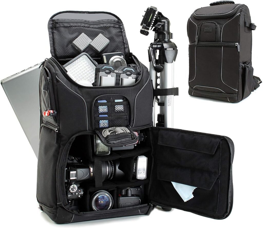 USA Gear Digital Camera Backpack DSLR Photo Bag with Comfort Design, Waterproof Cover, Laptop Storage, Tripod Holder, Adjustable Lens Storage – Compatible with Full-Sized Digital Cameras – Black USA Gear Digital Camera Backpack DSLR Photo Bag with Comfort Design, Waterproof Cover, Laptop Storage, Tripod Holder, Adjustable Lens Storage – Compatible with Full-Sized Digital Cameras – Black
