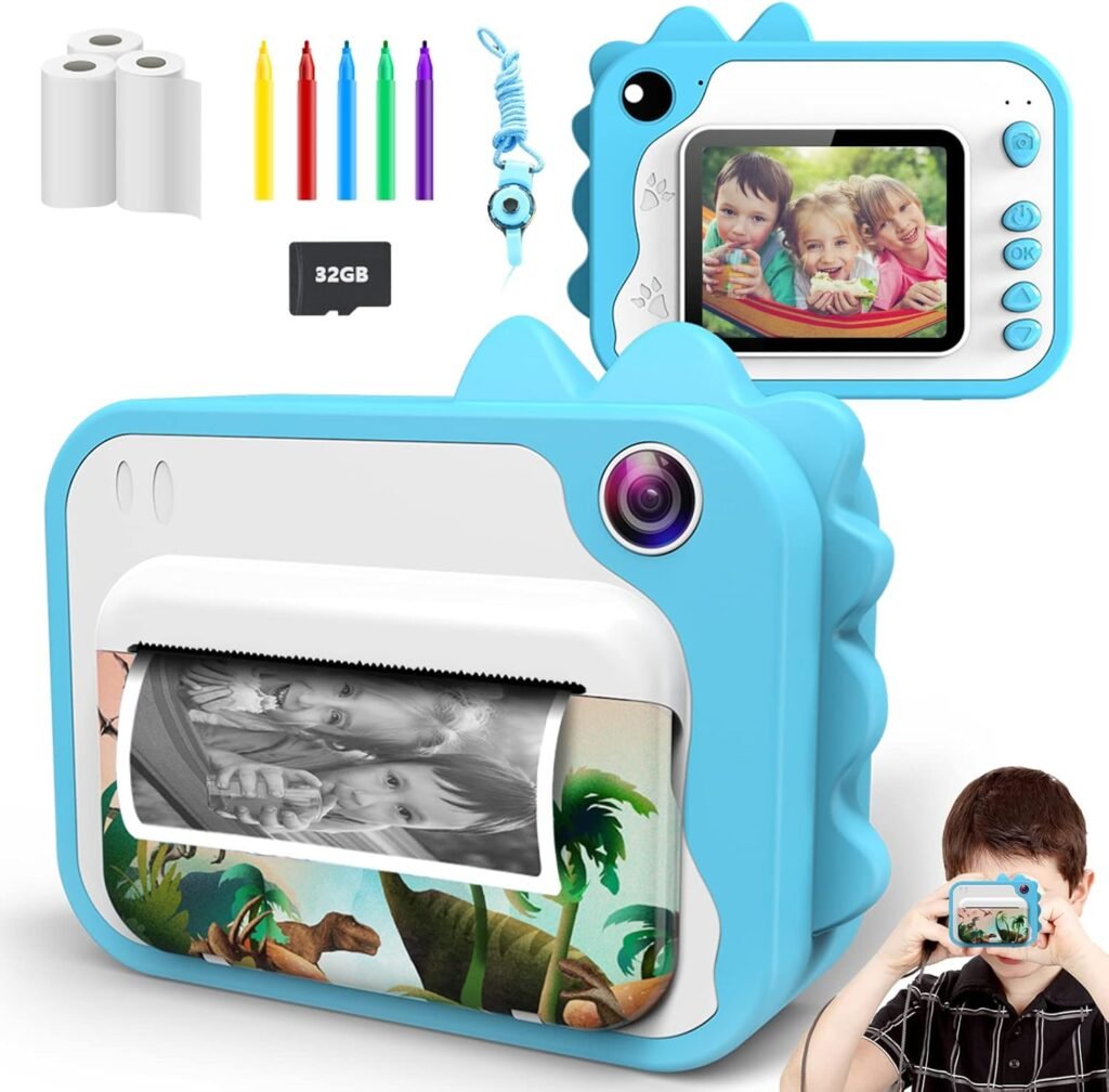 Uleway Instant Print Camera for Kids 1080P Digital Video Recorder Creative Toy Gifts for 3-12 Year Old Boys Girls Giving Zero Ink Kids Camera with Print Paper 32GB SD Card Color Pens