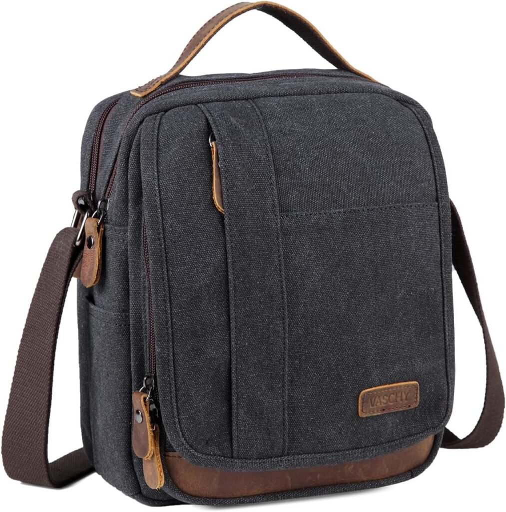 VASCHY Man Bag, Water Resistant Canvas Shoulder Bag Mens Small Messenger Bag with Multiple Pockets and Genuine Leather Top Handle Satchel Bag for Women Fits 8 Inch Ipad,Phones(Grey) VASCHY Man Bag, Water Resistant Canvas Shoulder Bag Mens Small Messenger Bag with Multiple Pockets and Genuine Leather Top Handle Satchel Bag for Women Fits 8 Inch Ipad,Phones(Grey)