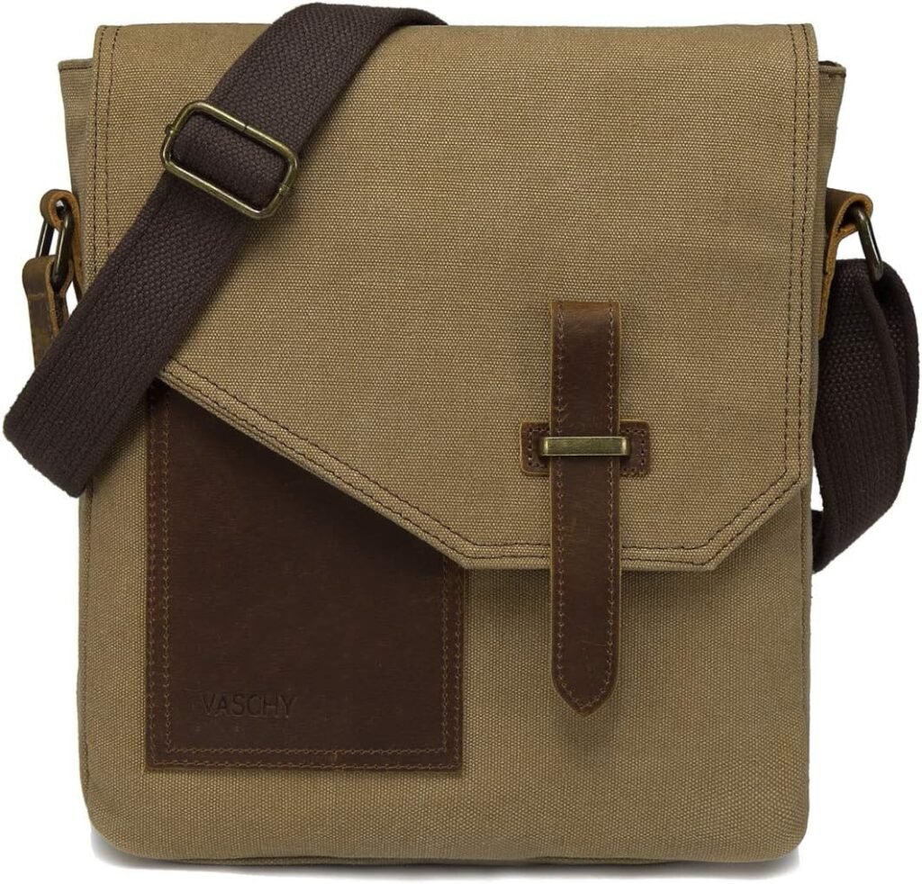 VASCHY Man Bag, Water Resistant Small Messenger Bag Shoulder Bag Vintage Canvas Leather Cross Body Bag with Multi-Pockets(Khaki)