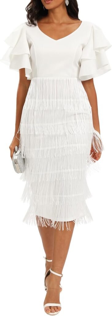 VERWIN Women’s Fringe Maxi Dress High Waist V Neck Tiered Tassels Dress Ruffles Sleeve Bodycon Prom Dress VERWIN Women’s Fringe Maxi Dress High Waist V Neck Tiered Tassels Dress Ruffles Sleeve Bodycon Prom Dress