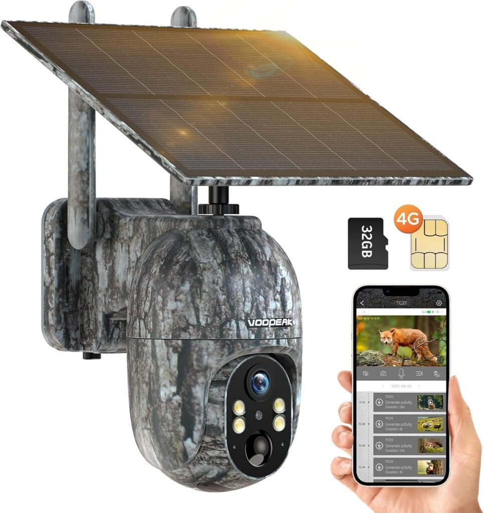 VOOPEAK 4G LTE Cellular Wildlife Camera Solar Powered 2.5K Live Streaming, Pan 355°Tilt 90° Remote Adjustment, 4G Trail Cameras with Night Vision Motion Activated Waterproof