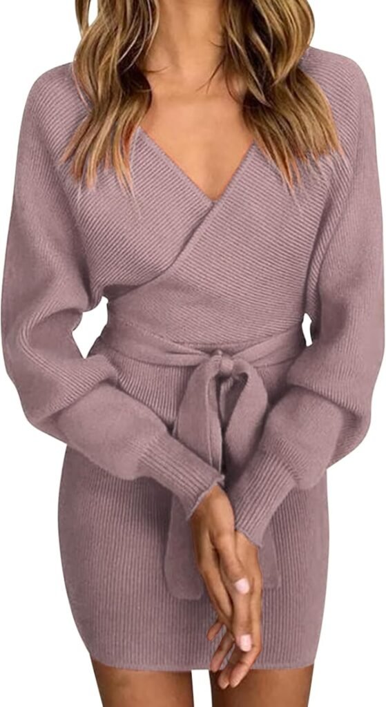 Vancavoo Women’s Knit Dress Elegant Sweater Dress V-Neck Jumper Dress Bat Long Sleeve Hip Skirt Ladies Knitted Backless Pullover Dress with Belt Slim Fit Knitwear for Autumn Winter