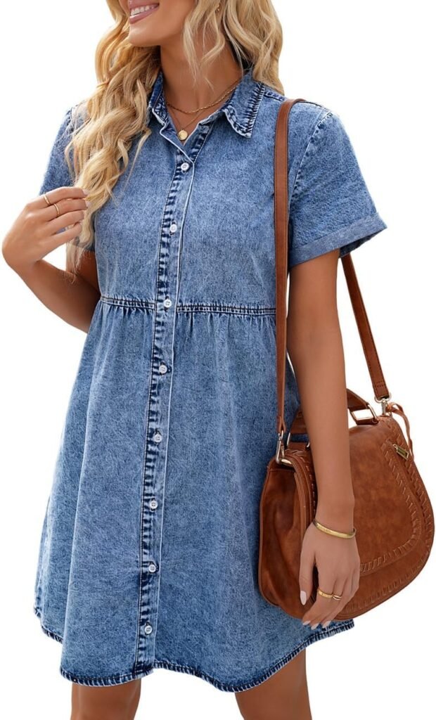 Vetinee Women’s Casual Babydoll Denim Dress Short Sleeve Button Down Flowy Tiered Vetinee Women’s Casual Babydoll Denim Dress Short Sleeve Button Down Flowy Tiered