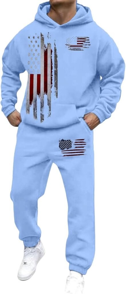 Vintage American Flag Tracksuit Set for Men Long Sleeve USA Flag Pullover Hoodies and Sweatpants Outfit
