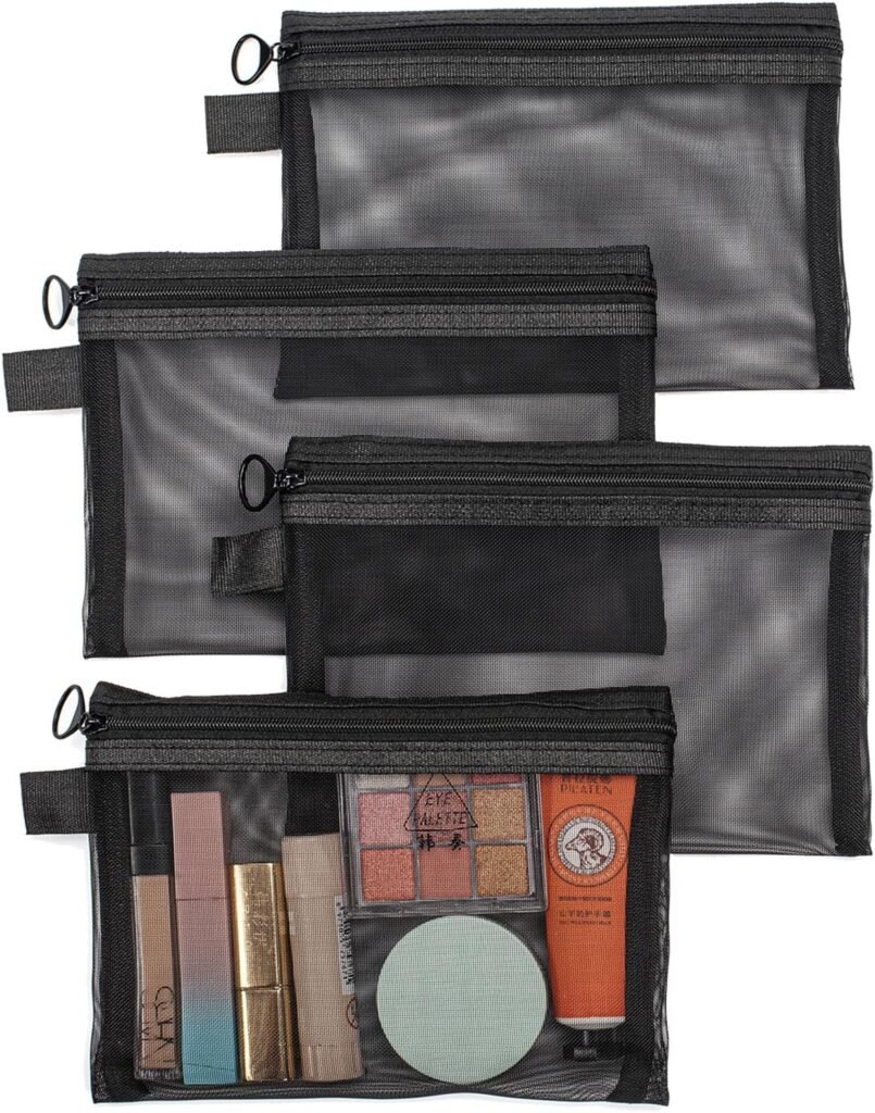 Vinuwu Small Make Up Bag, 4Pcs Mesh Makeup Bags for Handbag, Cosmetic Pouch Bags with Zipper, Bag Organiser Pouches for Cosmetics Toiletries, Holiday Travel Essentials for Women Men (Black)