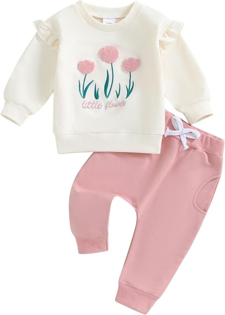 Vioyavo Toddler Baby Girl 2 Pieces Outfit Fall Winter Tracksuit Floral Embroidered Sweatshirt Jumper Elastic Waist Joggers Pants Set