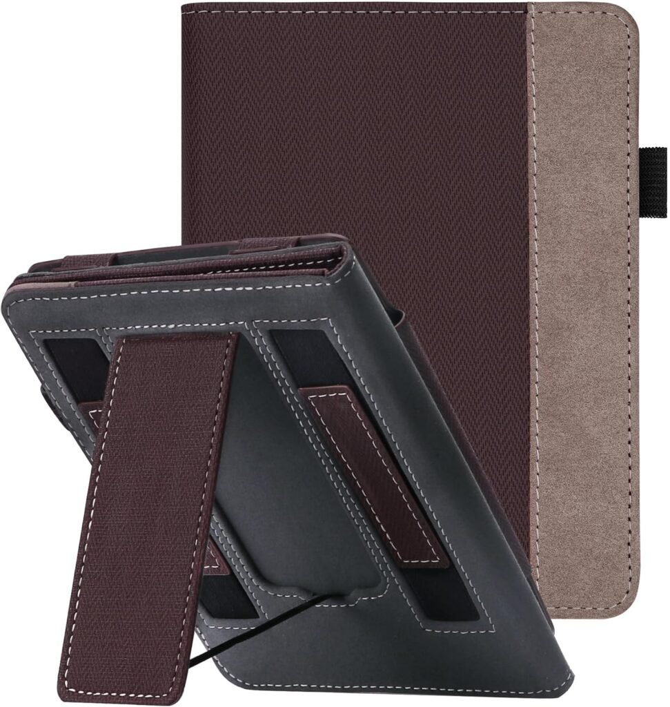 WALNEW Stand Case for 7″ All-New Kindle Paperwhite 12th Generation (2024 Released) and Kindle Colorsoft Signature Edition, Two Hand Straps Shell PU Leather Cover with Auto-Wake/Sleep (Coffe)