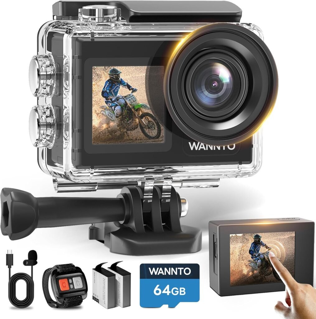 WANNTO Action Camera 5K 24MP Motion 5 Pro, WiFi EIS 170° Wide Angle Dual Screen 40M Waterproof Underwater Camera for Snorkeling, with External Microphone, Charger (With 64GB microSD Card)