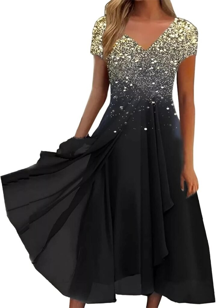 WILLBEST Womens Casual Loose Fit Floral Print Dress High Waist Short Sleeve Long Maxi Vacation Beach Flowy Sundress