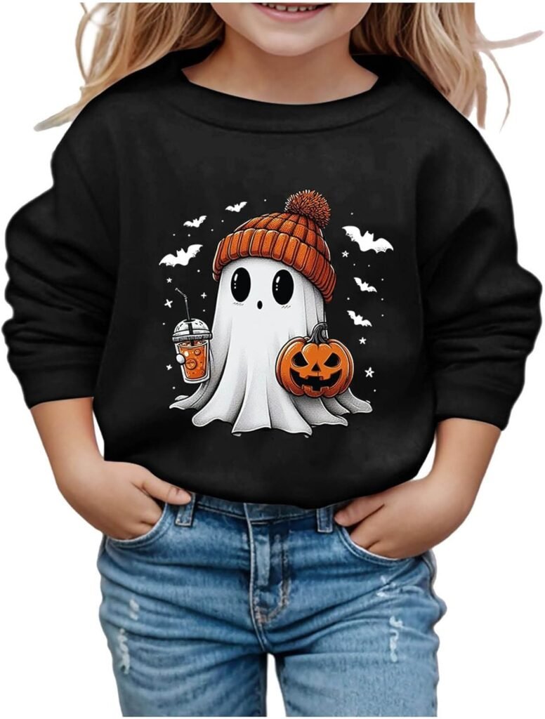 WOBCA Hoodies for Girls,Round Neck Long Sleeve Pullover Casual Pink Halloween Cute Printed Hoodie Kids 7-8 Sweatshirts Girls 11-12 Boys’ Hoodies Cute Hoodies for Girls Age 12-13