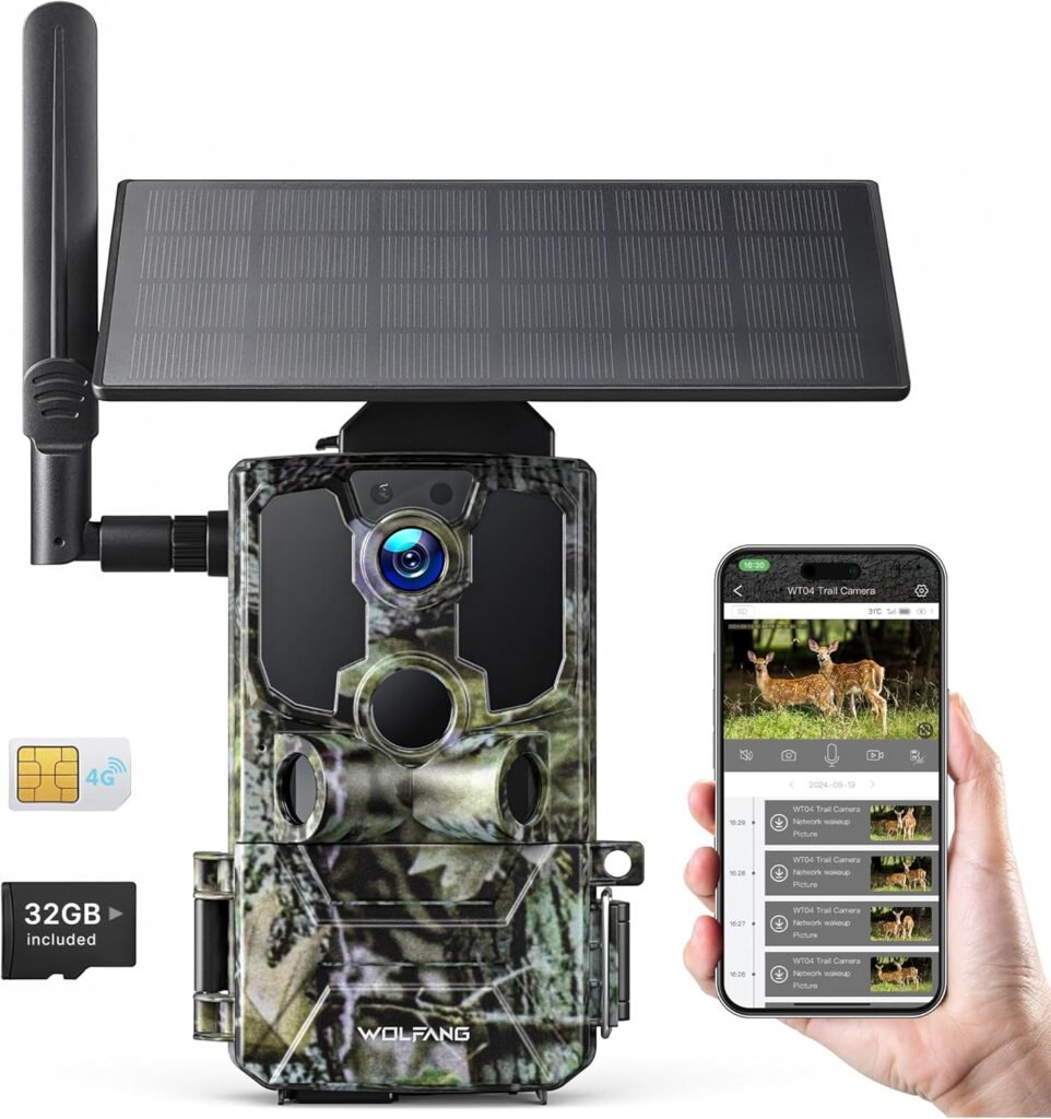 WOLFANG 4G LTE Cellular Wildlife Camera Solar Powered, 7800 mAh Battery, 2.5K Cellular Trail Camera with APP Control Built-in SIM No-Glow Night Vision 0.2s Trigger Motion Activated Waterproof