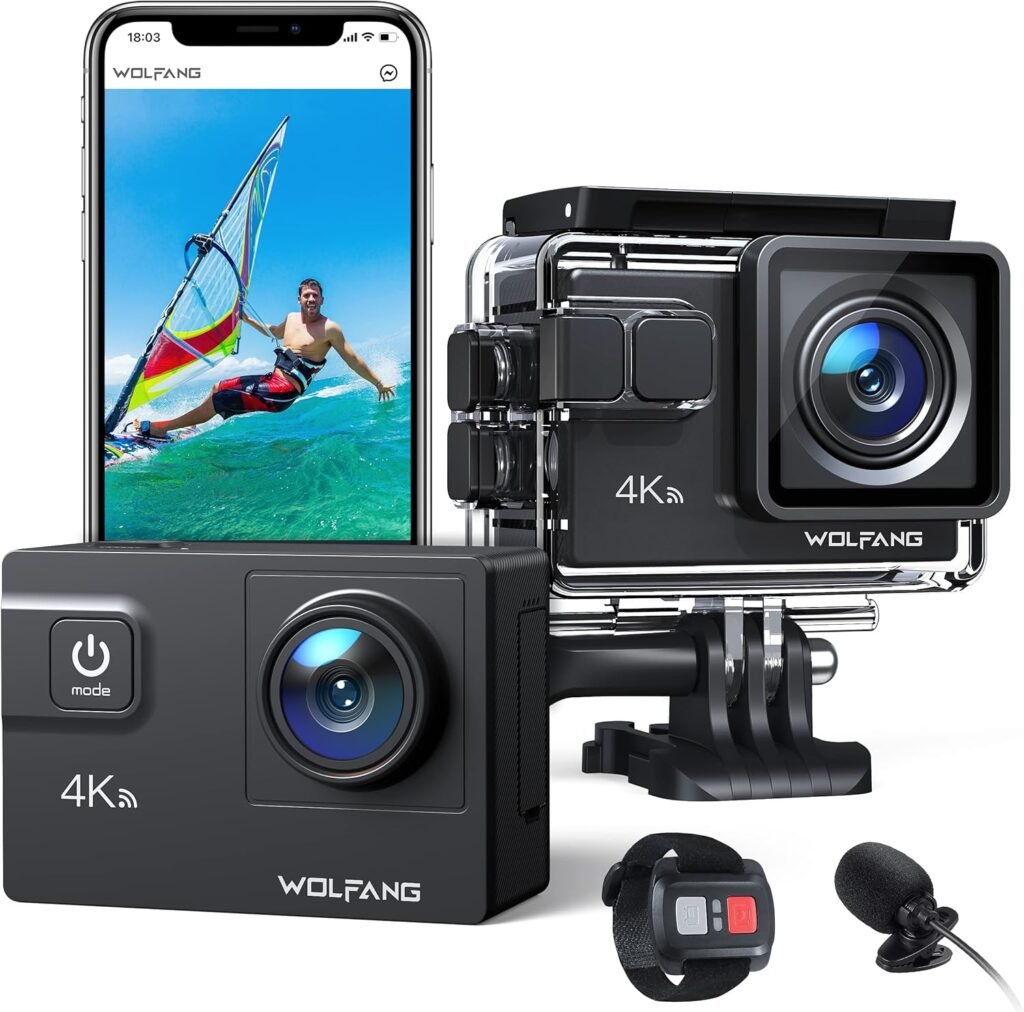 WOLFANG Action Camera 4K 60FPS 24MP GA300, WiFi 8X Zoom EIS Vlogging Camera, 40M Waterproof Underwater Camera for Snorkeling, External Mic, Remote Control and Helmet Accessories Kit for Cycling