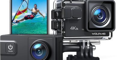 WOLFANG Action Camera 4K 60FPS 24MP GA300, WiFi 8X Zoom EIS Vlogging Camera, 40M Waterproof Underwater Camera for Snorkeling, External Mic, Remote Control and Helmet Accessories Kit for Cycling