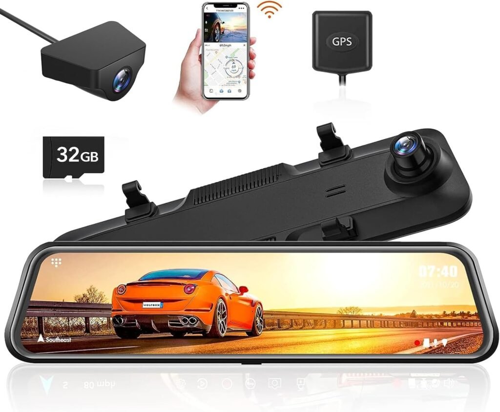 WOLFBOX 12” WiFi Mirror Dash Cam,2.5K Rear View Mirror Camera with 1080P Rear Camera Mirror Dash Cam Front and Rear,Dual Dash Camera, Parking Monitor