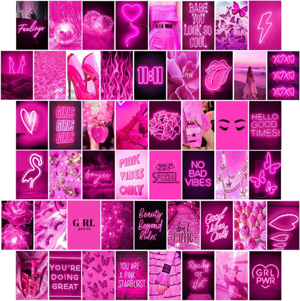 WOONKIT Pink Wall Collage Kit, Pink Neon, Hot Pink Room Decor, Bedroom Decor for Teen Girls, Pink Room Decor Aesthetic, Pink Poster, Hot Girl Poster, Hot Pink, Pink Wall Collage 50pcs 4×6 Inch
